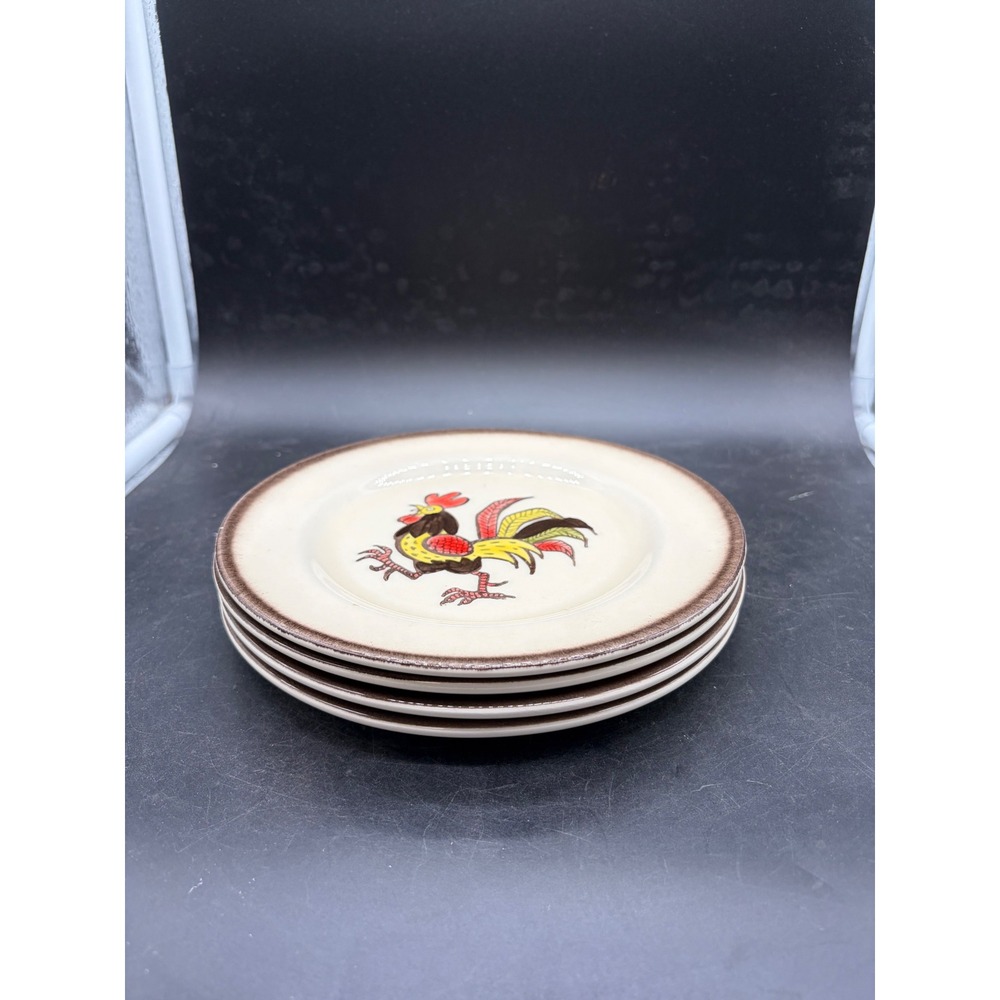Vintage Metlox Poppytrail Red Rooster Salad Plates Set of 4 California Pottery